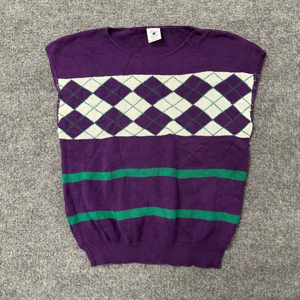 Sweater Bazaar Vest Womens Size L Purple Argyle Striped Knit USA Vintage Vibe
